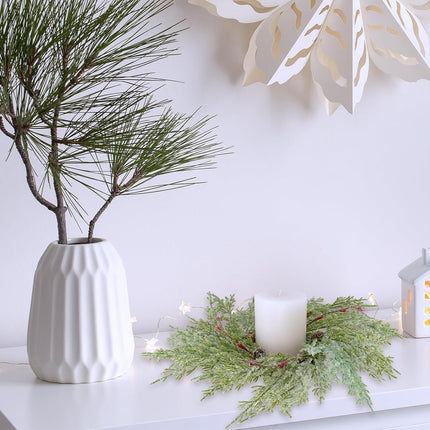 Winlyn 4 Pcs Artificial Snowy Cedar Pine Candle Rings Evergreen Pine with Red Pip Berries and Pinecones Wreaths Farmhouse Christmas Candle Holder Rings 15" Wide for Winter Holiday Mantel Door Cabinet
