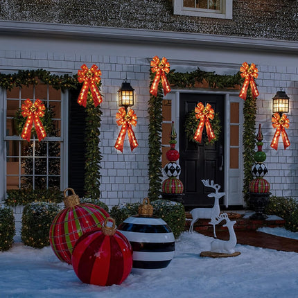 Hiboom 2 Pcs Lighted Large Christmas Bows Decoration, 20 x 12'' Red Black Plaid Burlap Wreath Bow with Berries Hazelnuts Bells Pine Needles Ornament for Christmas Party Front Door Fireplace Wall Decor