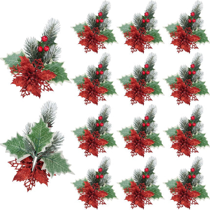 XHXSTORE 12PCS Christmas Artificial Flowers Glitter Red Berries Artificial Flowers Poinsettia Flowers with Clips for Xmax Christmas Wreath Wedding Home Party Garlands DIY Decor(6.6inch)