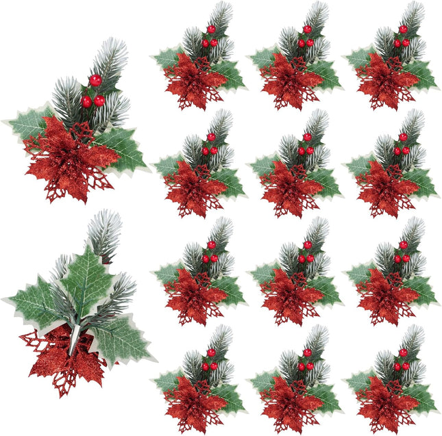 XHXSTORE 12PCS Christmas Artificial Flowers Glitter Red Berries Artificial Flowers Poinsettia Flowers with Clips for Xmax Christmas Wreath Wedding Home Party Garlands DIY Decor(6.6inch)