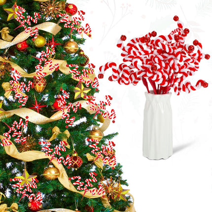 Soaoo 24 Pcs 21 Inch Christmas Bells Curly Pick Red and White Christmas Decorations Candy Shape Christmas Tree Picks Christmas Ornaments Branches for Xmas Tree Wreath DIY Crafts Vase Filler Holiday