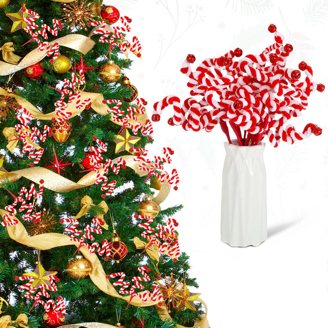 Soaoo 24 Pcs 21 Inch Christmas Bells Curly Pick Red and White Christmas Decorations Candy Shape Christmas Tree Picks Christmas Ornaments Branches for Xmas Tree Wreath DIY Crafts Vase Filler Holiday