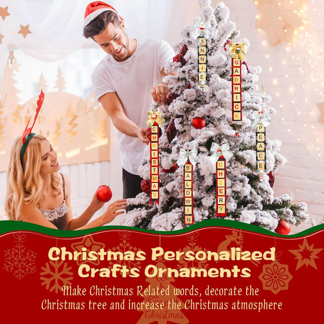 Waydress 266 Pcs Christmas Ornaments Tree Decorations Christmas Personalized Crafts Wooden Letter Block DIY Ribbon Rustic Bow Pendant Stockings Name Tags Hanging for Xmas Crafts Making (Classic Style)
