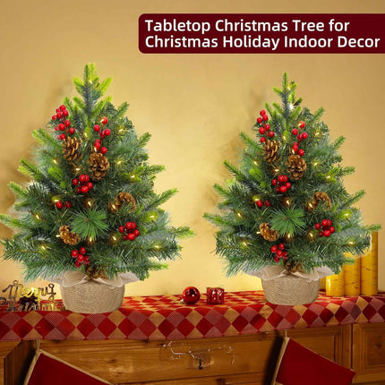 2 Pack 22 Inch Table top Christmas Tree with 60 LED Lights Timer, Realistic-Feel PE Artificial Small Christmas Trees Warm White Lights Pine Cones Red Berried, Xmas Mini Tree for Indoor Home Holiday