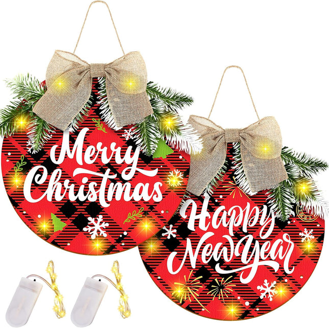 2 Sets Merry Christmas Wreaths Hanging Sign Wooden Buffalo Plaid Decorations, Welcome Wreath Sign for Front Door, Hanging Sign with Light for Farmhouse Porch and Kitchen Happy Years Decorations