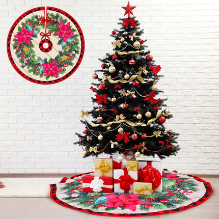 Christmas Tree Skirt 48 Inch, Xmas Tree Base Cover Mat with Wreath for Holiday Ornament for Xmas Party Christmas Decorations (Wreath Style, 48 inch/ 120cm)