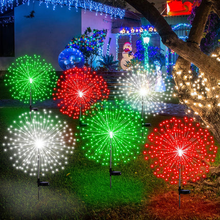 6 Pcs Christmas Solar Firework Stake Lights 180 LED 8 Modes Red Green and White Solar Lights Waterproof LED Sparkler Lights Outdoor Decoration for Xmas Holiday Garden Patio Yard Pathway Walkway