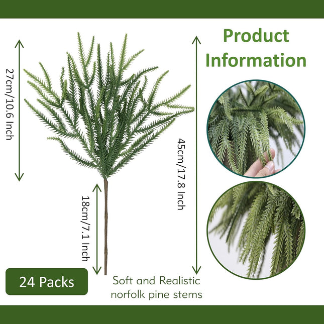 24 Pcs Christmas Norfolk Pine Stems,Real Touch Norfolk Pine Artificial Christmas Branches DIY Crafts Faux Christmas Norfolk Pine Branches for Xmas Indoor Outdoor Home Decor