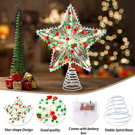Whaline Christmas Star Tree Topper 8.3 Inch Red Green Berries Dotted 3D Star Treetop LED Lighted Battery Powered Unique Design Xmas Tree Ornament for Christmas Party Indoor Outdoor Home Decoration
