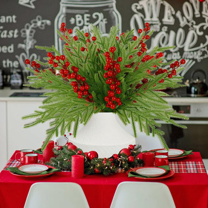 10 Pcs Christmas Norfolk Pine Branches with Red Berry Stems,19 Inch Norfolk Pine Artificial Christmas Branches, Artificial Xmas Branches Plants Pine Leaves for DIY Garland Wreath Home Decoration