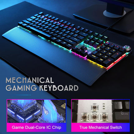 AULA True Mechanical Keyboard Wired LED Rainbow Backlit Gaming Keyboard with Tactile Brown Switches Detachable Wrist Rest, Full Size 108 Keys Anti-Ghosting Computer Mechanical Keyboard - Black