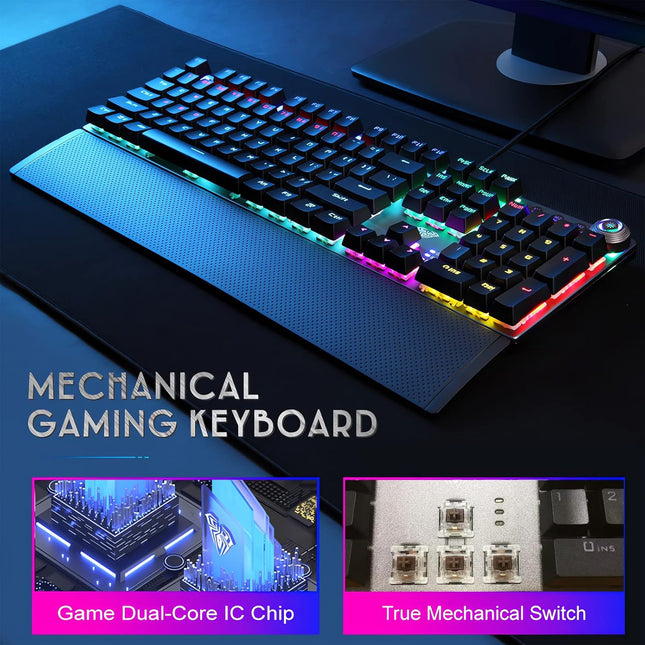 AULA True Mechanical Keyboard Wired LED Rainbow Backlit Gaming Keyboard with Tactile Brown Switches Detachable Wrist Rest, Full Size 108 Keys Anti-Ghosting Computer Mechanical Keyboard - Black