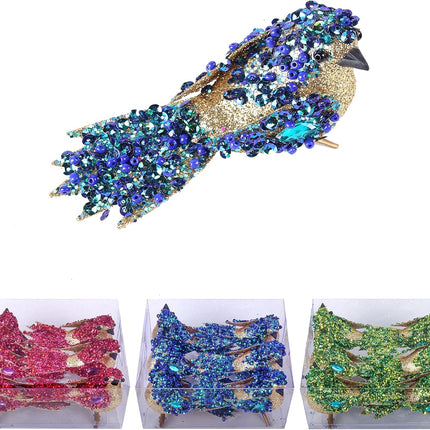 6pcs Artificial Bird with Clip- 4.25" Blue/Gold Bird Chrsitmas Tree Ornament Christmas Holy Wreath Decorations