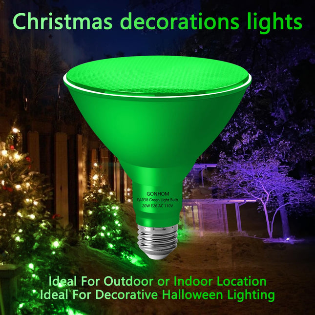 4 Pack PAR38 Green Flood Lights Outdoor,Dimmable Flood Green Light Bulb,20W(Equivalent to 200W),E26 Base Green LED Light,Christmas Light Bulbs,Outdoor Porch,Holiday Lighting,Flood Light Bulb