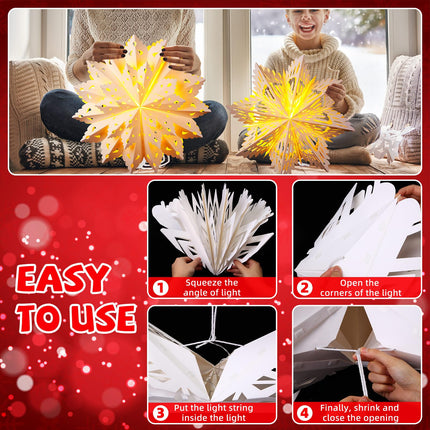 6 Set 19.69 in 3D Christmas Paper Snowflake Lantern with 8 Mode LED String Light with Remote Out Hollow Paper Snowflake Lantern Xmas Hanging Pendant Lampshade Frozen Party Hanging Decor