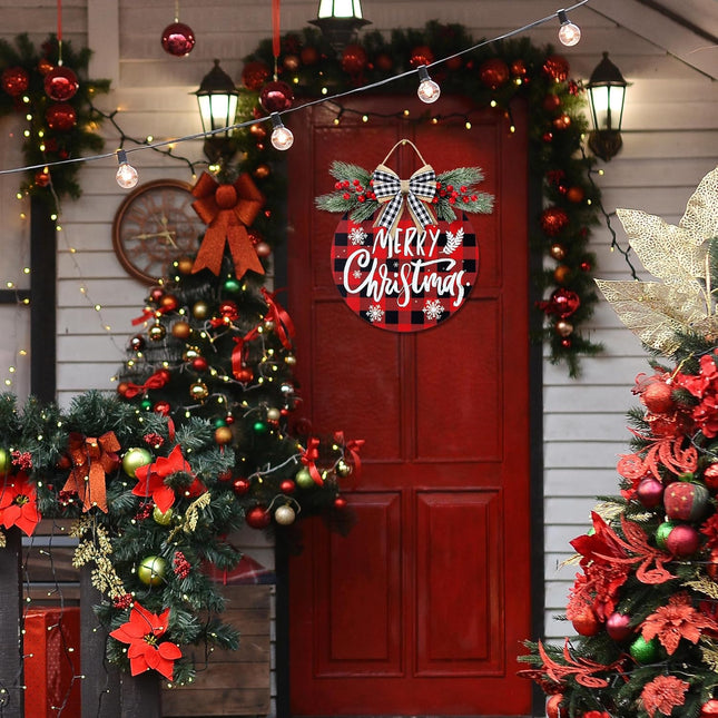 Sggvecsy Christmas Door Sign Buffalo Plaid 12'' Welcome Sign Xmas Decorations Merry Christmas Wreath for Porch Wall Hanging Wreath Rustic Farmhouse Window Holiday Winter Wooden Indoor Outdoor Decor