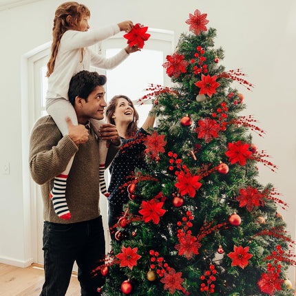 Hotop 48 Pcs 4 Styles Christmas Glitter Poinsettia Artificial Flowers 24,12 Bead Sticks,12 Berries Stems Gold Christmas Tree Ornament with Clips and Stem for Xmas Wedding Wreath Decoration (Red)