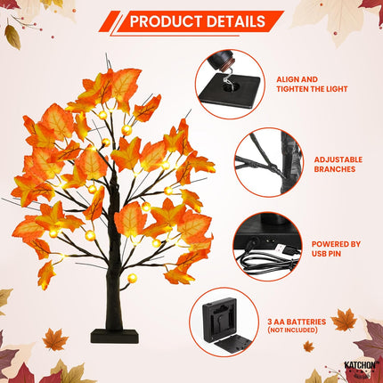 KatchOn, Artificial Maple Tree with Lights - 24 Inch 24 LED Lighted Fall Tree Light Up Maple Leaf Tree for Fall Decorations for Home, Office Autumn Trees With Lights for Thanksgiving Decorations