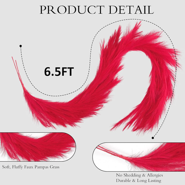 Red Christmas Pampas Grass Garland, 2 Pcs 6.5 Ft Pampas Grass Christmas Tree Garland Hanging Decorations for Xmas Party Indoor Outdoor