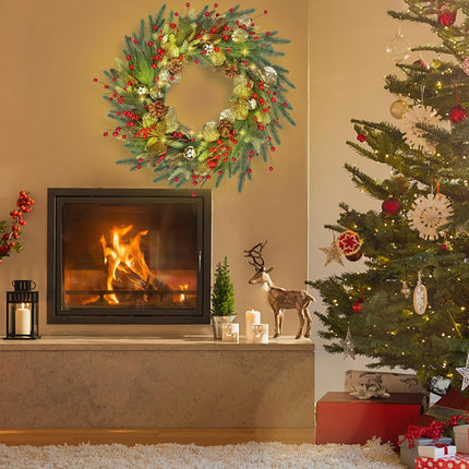 DR.DUDU Christmas Wreath with Lights, 22" Battery Operated Lighted Wreath with Timer for Front Door, Pre-lit Artificial Xmas Wreaths with Red Berries, Gold Leaf, Christmas Decorations for Home Window