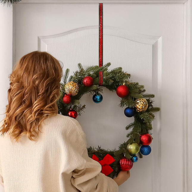 2 Pack Handmade Wreath Hangers for Front Door, Christmas Decoration Metal Over The Door Wreath Hanger Ornament, Wreath Hooks for Front Door(Brown&Red)