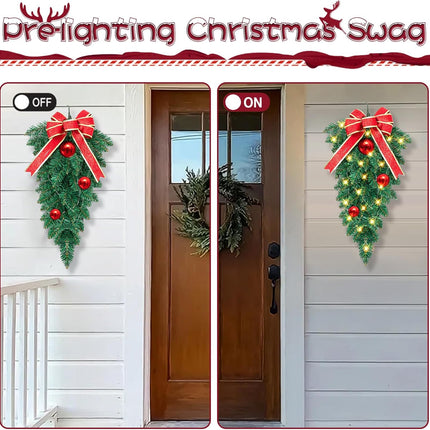 2 Pack Christmas Teardrop Swags Trim, Artificial Pine Swag with Bowknot, Red Berries and Pinecone, Winter Pine Needles Swag Greenery Cedar Swag for Xmas Table Door Decor (Green&Red)