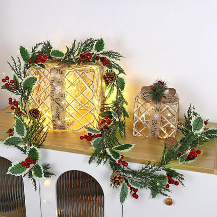 2 Pack Christmas Pine Garland 13FT Artificial Berry Holly Leaves Garland Xmas Cypress Cedar Garland Hanging Greenery Garland Christmas Vines for Home Mantle Table Fireplace Holiday Decor