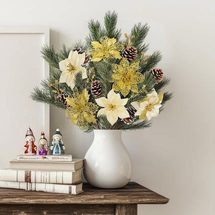 56 Pcs Christmas Tree Decorations, Christmas Ornaments Set with Poinsettias Artificial Christmas Flowers, Berry Branches and Pine Cones, Christmas Decor for Tree/Wreath/Garland(Gold)