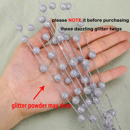 10 Pack Silver Artificial Glitter Berry Stems 15.7" Fake Christmas Picks Decorative Glitter Sticks for Christmas Tree DIY Wreath Crafts Fireplace Decor