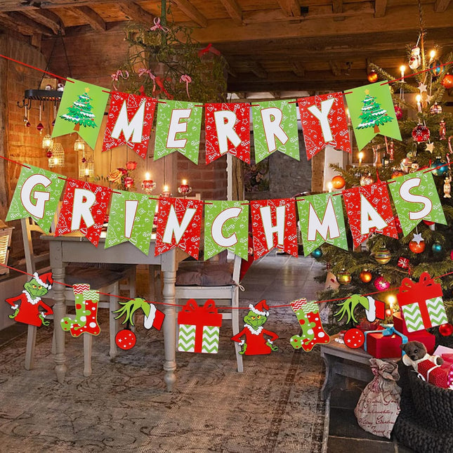 Red Green Merry Grinchmas Banner and Grinches Garland, Grinches Christmas Decorations,Grinchmas Christmas Decorations Supplies, Grinches Christmas Decor for Xmas Home Fireplace Mantle
