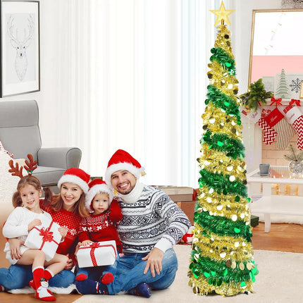 6FT Pop up Christmas Tree Collapsible Gold Green Tinsel Christmas Tree Slim Sequins Xmas Tree with Topper Star, Artificial Reusable Christmas Tree for Holiday Indoor Home Party Decor