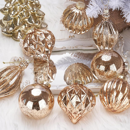 Mercury Glass Christmas Ornaments Set of 8 Champagne Gold 3.54 Inches Large Hanging Balls Finial Xmas Tree Decorations