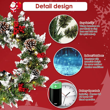 Christmas Wreath Garland for Front Door, Pre-lit Artificial Xmas Garland with 50 LEDs Lights Battery Operated - Snowflake Red Berry Pinecone Fir Garland Come with Hook(18 Inch)
