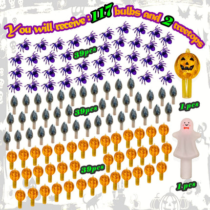 117pcs Halloween Ceramic Tree Replacement Lights Bulbs, Including Spider/Pumpkin Head/Grey Flame & 2pcs Themed Tree Tops (Including Ghost/Pumpkin King) for Decorating Holiday Trees, Etc.