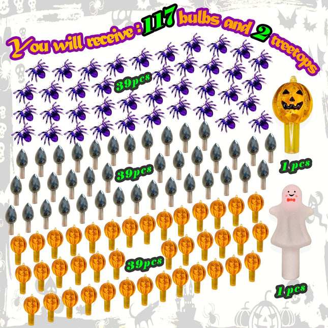 117pcs Halloween Ceramic Tree Replacement Lights Bulbs, Including Spider/Pumpkin Head/Grey Flame & 2pcs Themed Tree Tops (Including Ghost/Pumpkin King) for Decorating Holiday Trees, Etc.