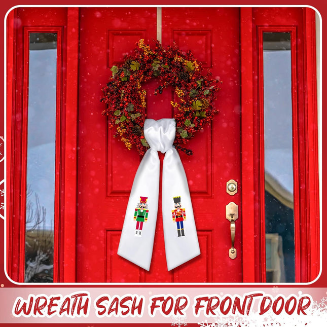 2 Pcs Christmas Wreath Sash White Satin Nutcracker Sash Holiday and Christmas Decor for Front Door Yard Doorway Indoor Outdoor Party Decoration, 56" L x 4.5" W