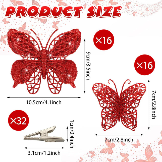 Liliful 32 Pcs Christmas Glitter Butterfly Ornament with Clip Hollow Butterfly Xmas Decoration Artificial Hanging Butterfly Clip Decor for Christmas Tree Wedding Wreath Party Supply,2 Size (Red)