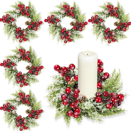 6 Pcs Christmas Candle Rings Wreath Mini Christmas Table Centerpieces Red Berry Pinecones Wreaths for Kitchen Cabinet for Farmhouse Xmas Front Door Porch Wall Christmas Thanksgiving Fall Decorations