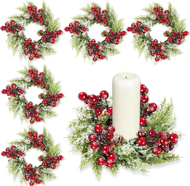 6 Pcs Christmas Candle Rings Wreath Mini Christmas Table Centerpieces Red Berry Pinecones Wreaths for Kitchen Cabinet for Farmhouse Xmas Front Door Porch Wall Christmas Thanksgiving Fall Decorations