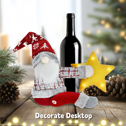 Christmas Tree Topper Gnome Decorations with Lights Star, Handmade Embrace Christmas Tree Gnome with Lighted Star，Christmas Home Decor Curtain Tie Wine Bottle Decoration, Red Hat