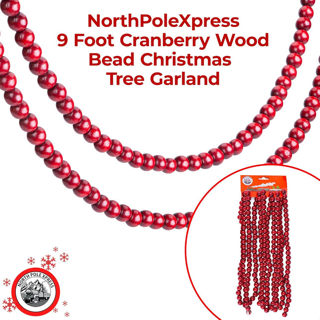 9 Foot Cranberry Burgundy Wood Bead Christmas Garland Wooden Christmas Tree Garland Perfect for Rustic Natural Farmhouse Trees Garland Christmas Decorations for Indoor Use