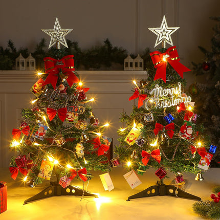 Hiboom 2 Pcs 24 Inches Mini Christmas Tree with LED Lights Tabletop Prelit Star Treetopper Small Christmas Tree Decorated Boxes Hanging Ornaments for Xmas Winter Holiday DIY Decorations