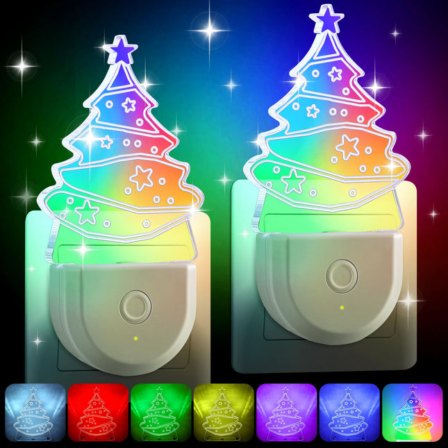Meonum 2 Pack Christmas Tree Night Light, 6 Color LED Vintage Christmas Night Light Dusk to Dawn, Night Lights Plug Into Wall for Bedroom Bathroom Living Room Porch Holiday Decor