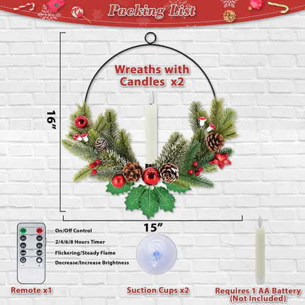 2Pack Christmas Wreaths for Front Door with LED Taper Candles, 16-inch Window Wreath Christmas with Light & Remote, Battery Operated Outdoor Winter Ornaments Christmas Decorations丨Basic丨