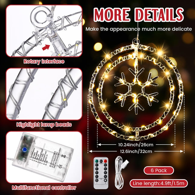 6 Pcs 12 Inch Solar Christmas Outdoor Light Decoration Christmas Window Lights Hanging Snowflake Outdoor Solar LED Hanging Lights 42 LED with 8 Flicker Modes for Xmas Tree Indoor Decor