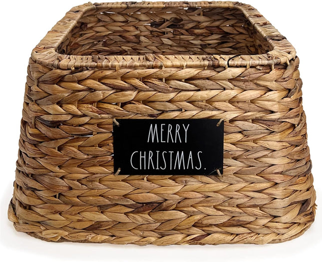 Rae Dunn Christmas Tree Collar - Base Decoration to Cover Artificial Christmas Tree Stand - Rustic & Farmhouse Holiday Decorations (Woven Square - Merry Christmas)