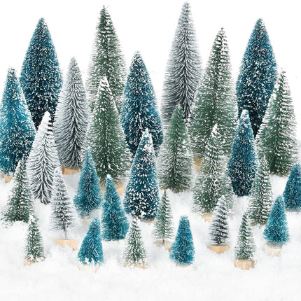 31 PCS Miniature Pine Trees Sisal Trees with Wood Base Christmas Tree Set Tabletop Trees for Miniature Scenes, Christmas Crafts Tabletop Decorecture Trees