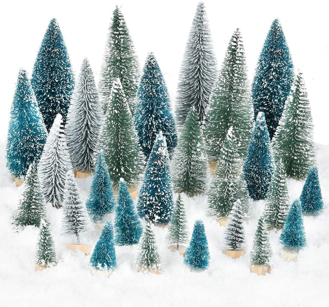 31 PCS Miniature Pine Trees Sisal Trees with Wood Base Christmas Tree Set Tabletop Trees for Miniature Scenes, Christmas Crafts Tabletop Decorecture Trees