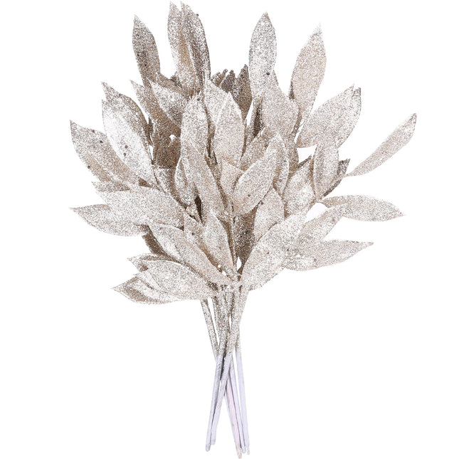 Sea Team 6-Pack Artificial Glitter Leaf Ornaments, Decorative Sticks, Glittery Twigs, Stems, Picks, Branches for Christmas Tree, Wreath, Vase Fillers for Centerpieces, Home Décor, Champagne