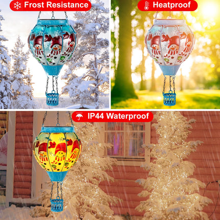 Christmas Hot Air Balloon Solar Lantern with Flame Decorations, Outdoor Waterproof Large Solar Hanging Snowman Lantern Xmas Glass Garden LED Light for Balcony Yard Patio Porch Decor